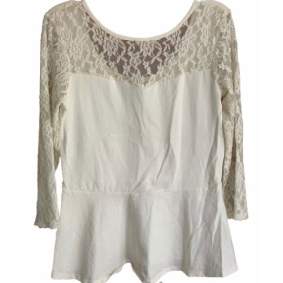 Express Cream 3/4 Lace Sleeve Peplum Top - Picture 1 of 5